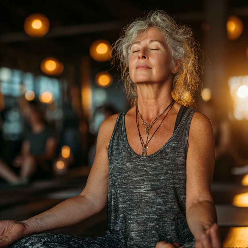 Senior practică yoga într-un cadru liniștit